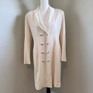 Vtg Diana Hartman White Wool Long Double Breasted Blazer Satin Trim Collar Sz 8